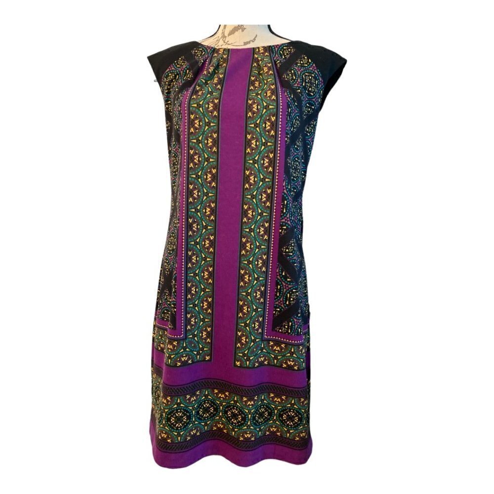 London Style Collection dress, size L. Knit sheath style. Black, purple design
